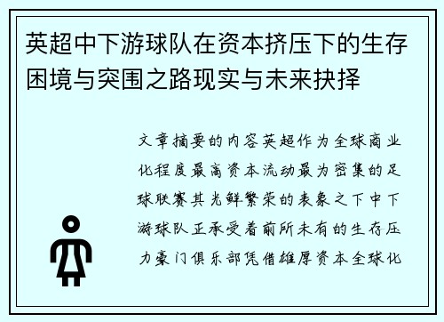 英超中下游球队在资本挤压下的生存困境与突围之路现实与未来抉择